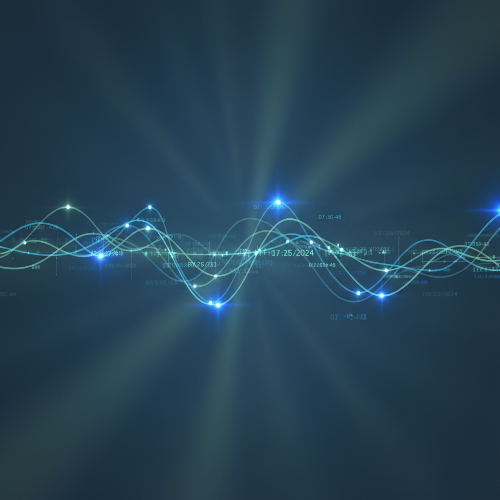 A conceptual digital illustration using interconnected nodes and abstract flowing lines to represent precise online time calculation and effortless organization.
