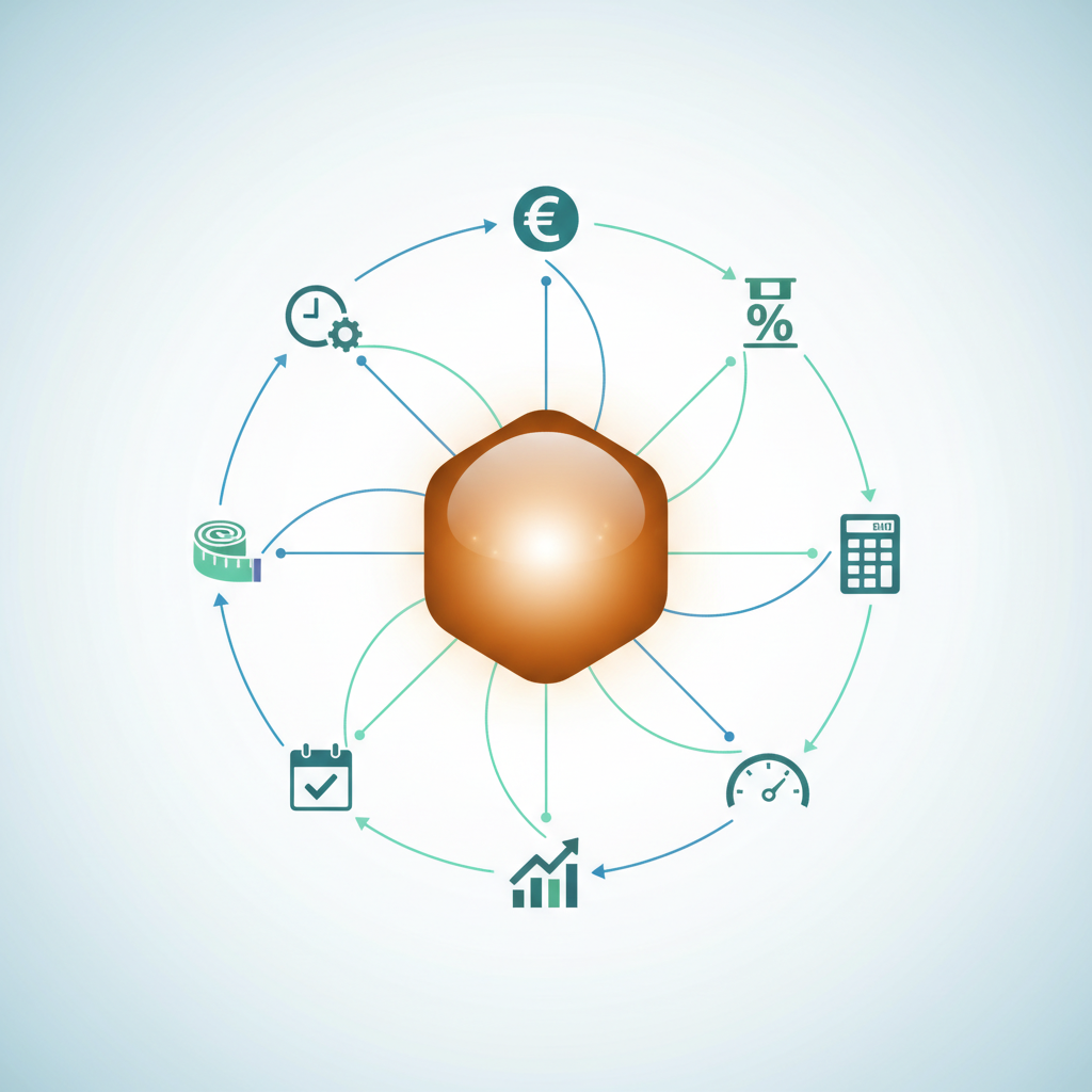 A conceptual vector illustration depicting various icons representing everyday utility calculations (like currency, time, and measurements) gracefully flowing into or being organized by a central, simplifying geometric shape, symbolizing effortless calculations and life simplification.