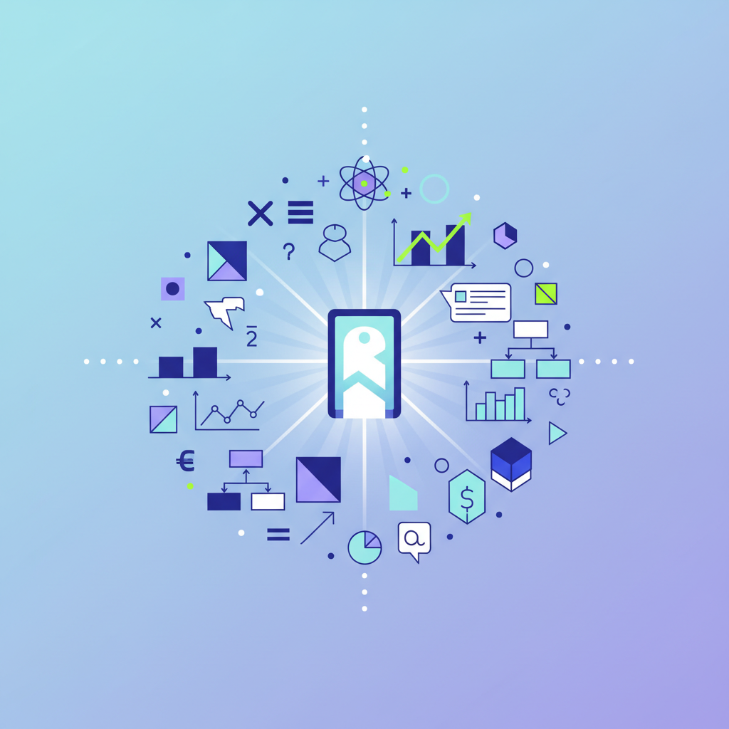 A conceptual vector illustration showing various mathematical, scientific, and financial symbols converging into a glowing digital portal, symbolizing a comprehensive online calculator.