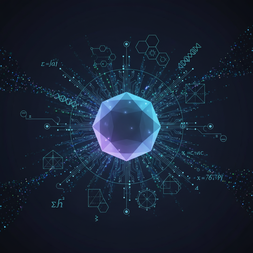 Abstract digital illustration of a glowing computational core surrounded by interconnected scientific and engineering symbols, representing online calculators.
