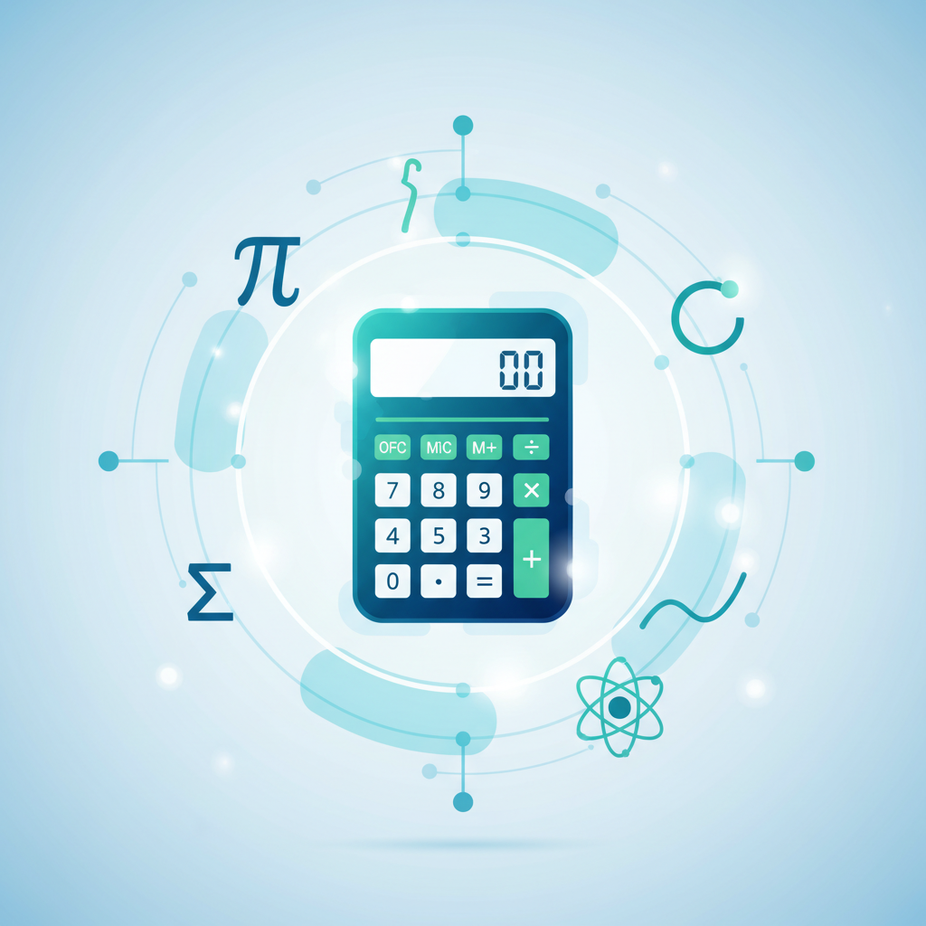 Abstract vector illustration of a stylized digital scientific calculator interface surrounded by interconnected mathematical and scientific symbols, symbolizing understanding and problem-solving.