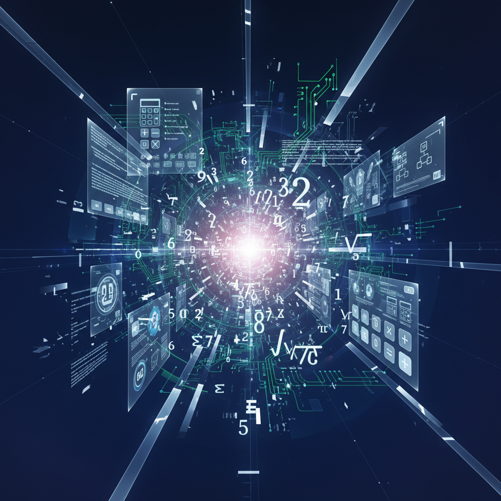 An abstract digital illustration conceptually representing the modern integration of calculator hardware and software, featuring glowing numbers and interconnected technological patterns.