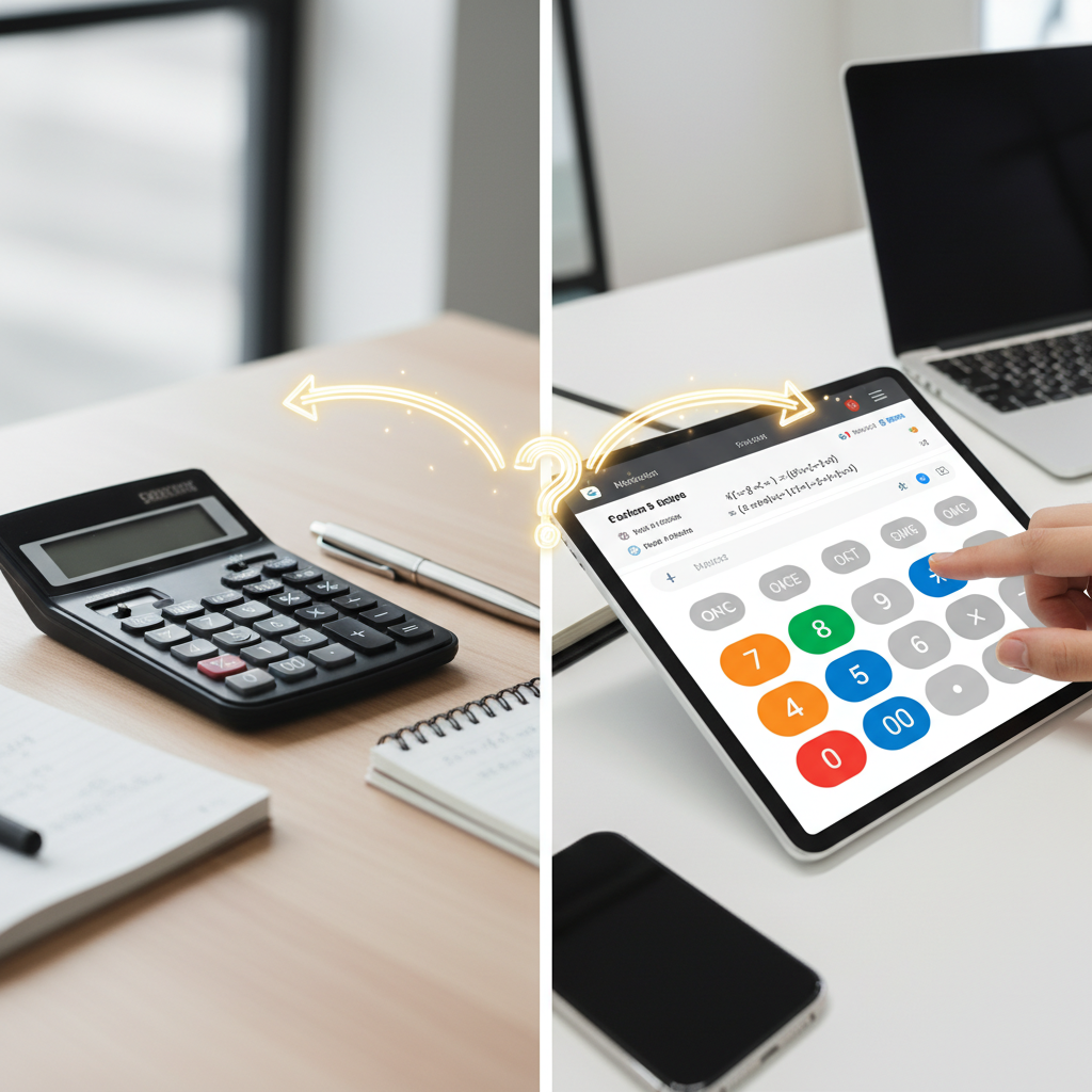 Comparison image showing a physical scientific calculator on one side and a digital calculator app on a tablet on the other.