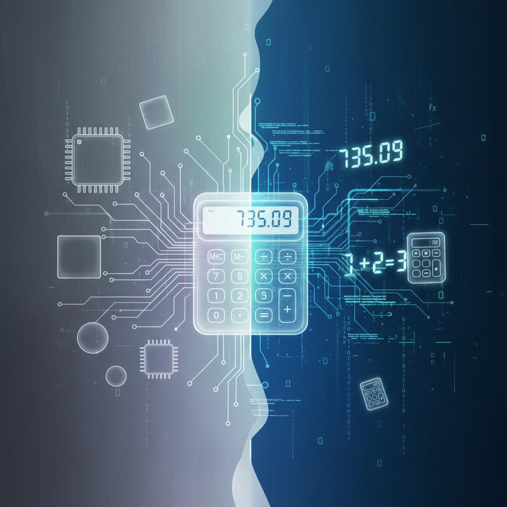 Conceptual image illustrating a calculator as both physical hardware and digital software, with merging elements.