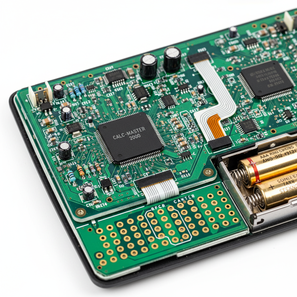 Detailed view of a calculator's internal hardware components, including the circuit board, microchip, and screen connection.