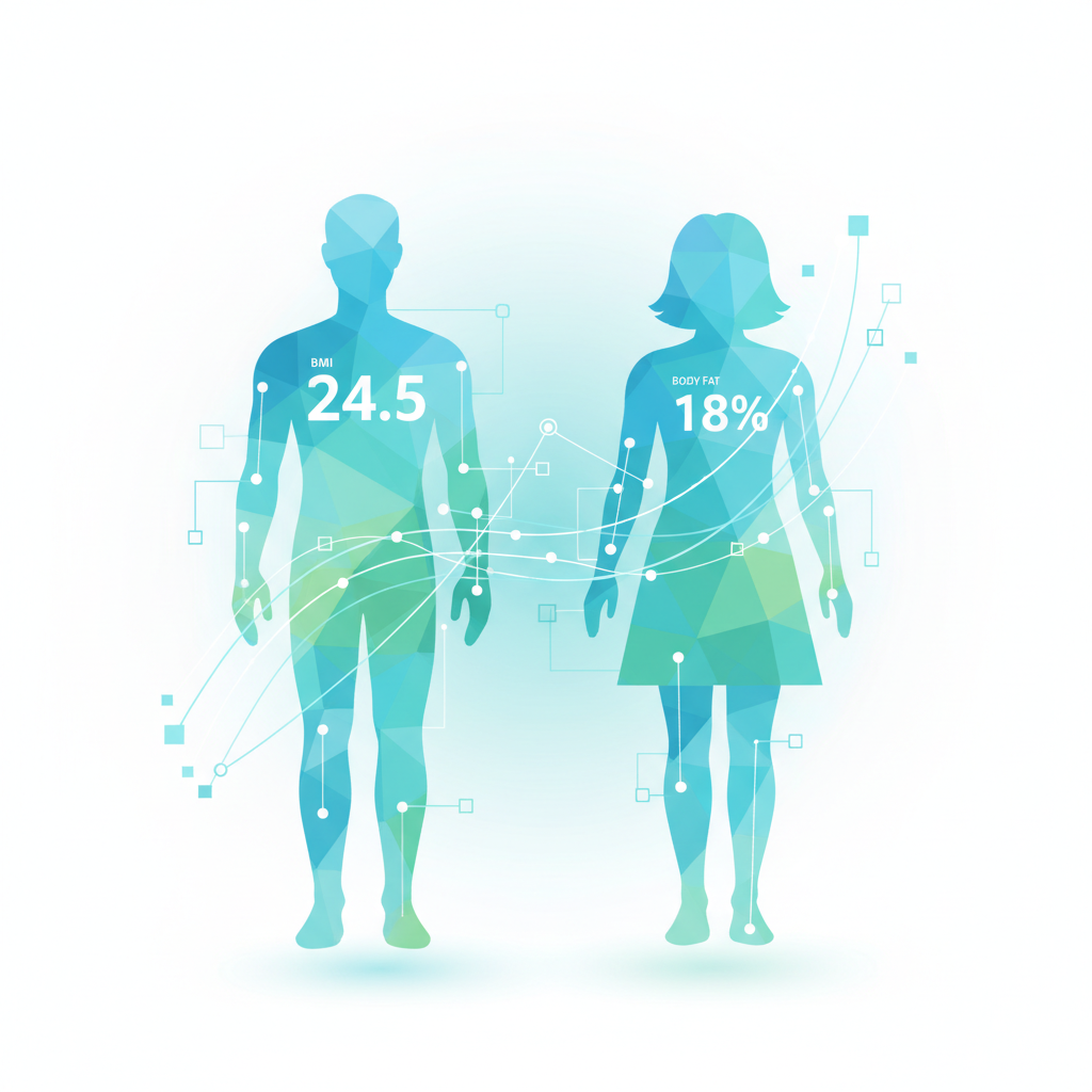 Modern vector illustration featuring abstract health data points, subtle graphs, and stylized human outlines, symbolizing fitness tracking and health calculation.