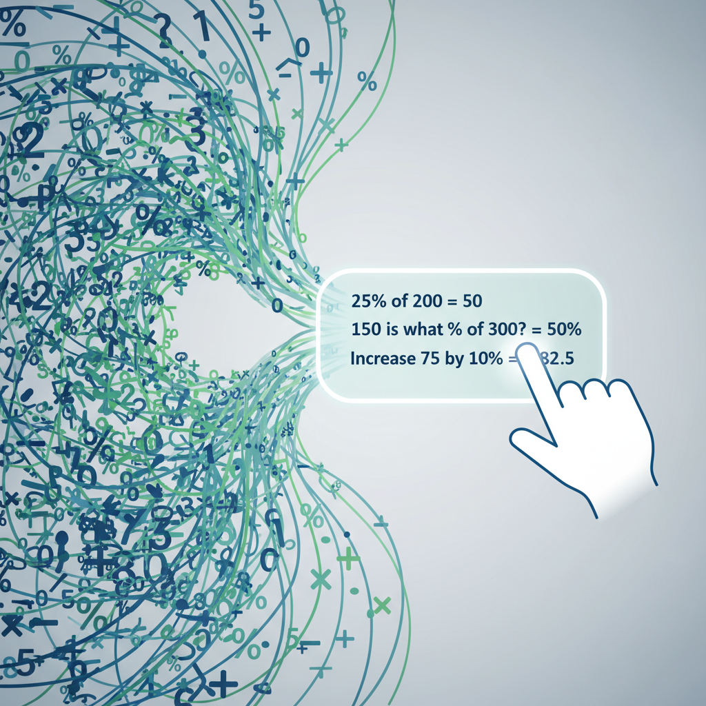 Vector illustration showing complex numbers and data simplifying into clear, accurate percentages on a modern digital screen, with a hand interacting, symbolizing an easy-to-use online calculator.