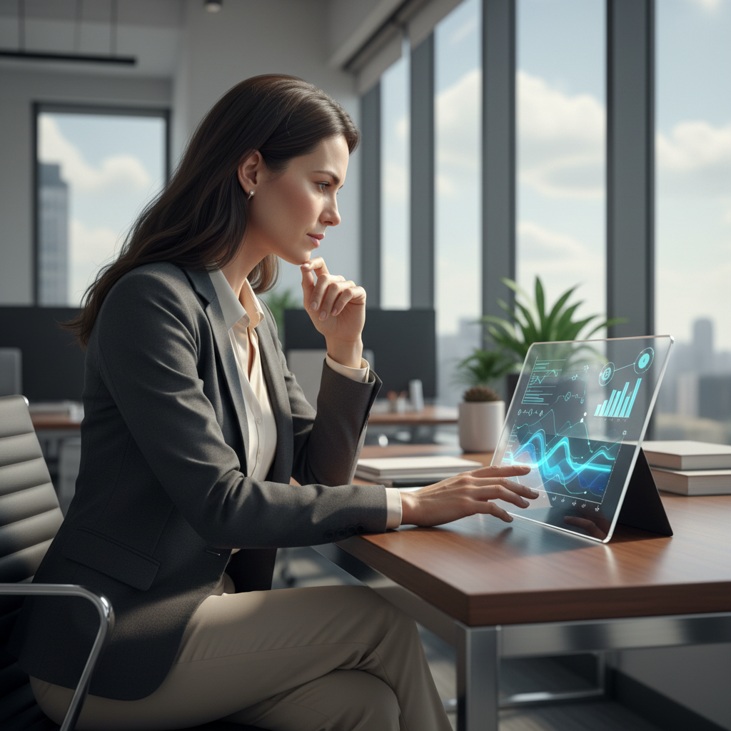 A business professional analyzing statistical data on a screen in a modern office.