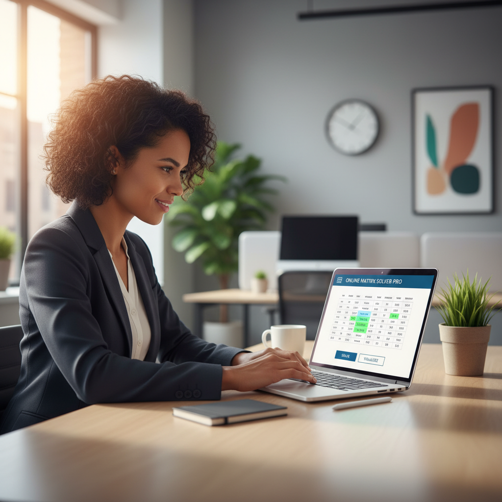 A business professional attentively uses an online matrix solver on a laptop in a modern office.
