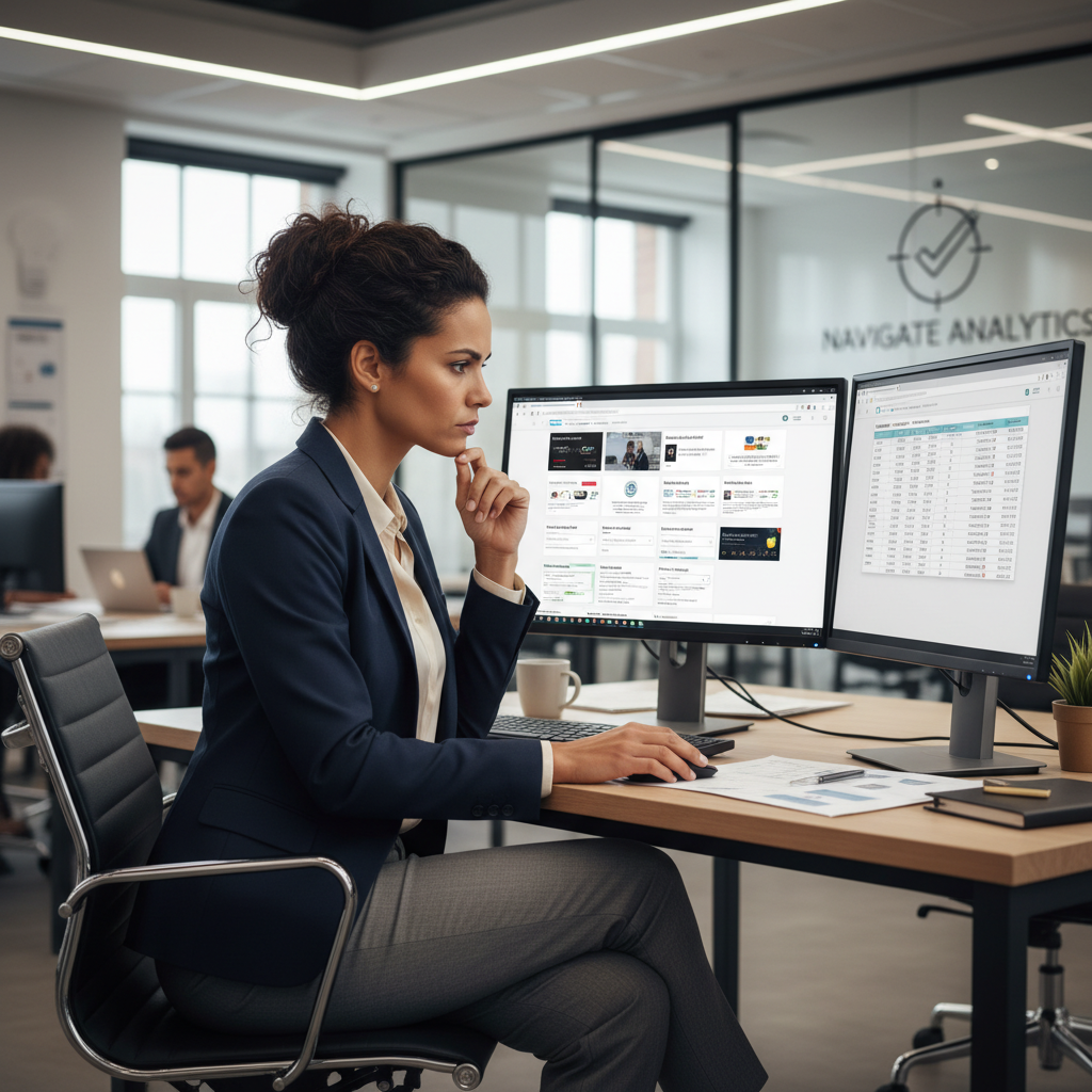 A business professional comparing different online mileage calculators on dual monitors in a modern office.