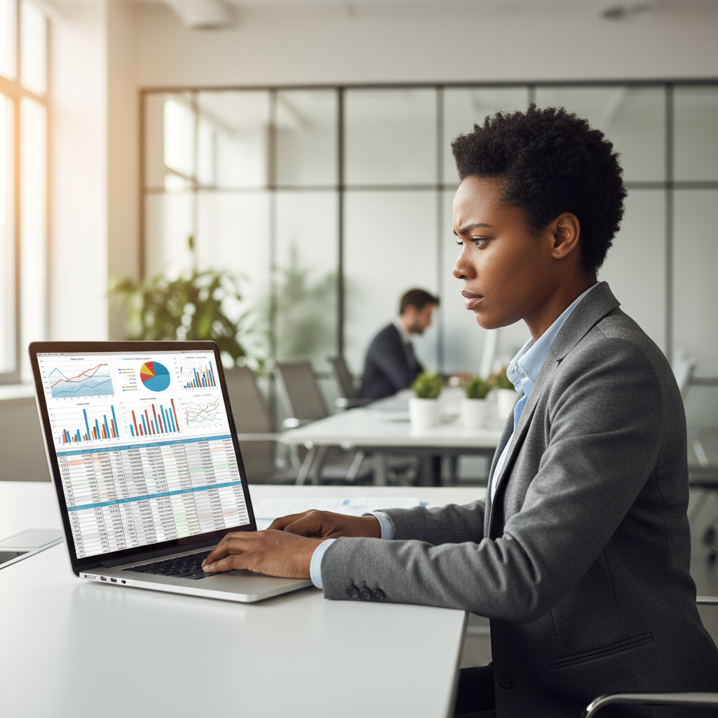 A business professional intently analyzing complex financial data on a laptop in a modern office.