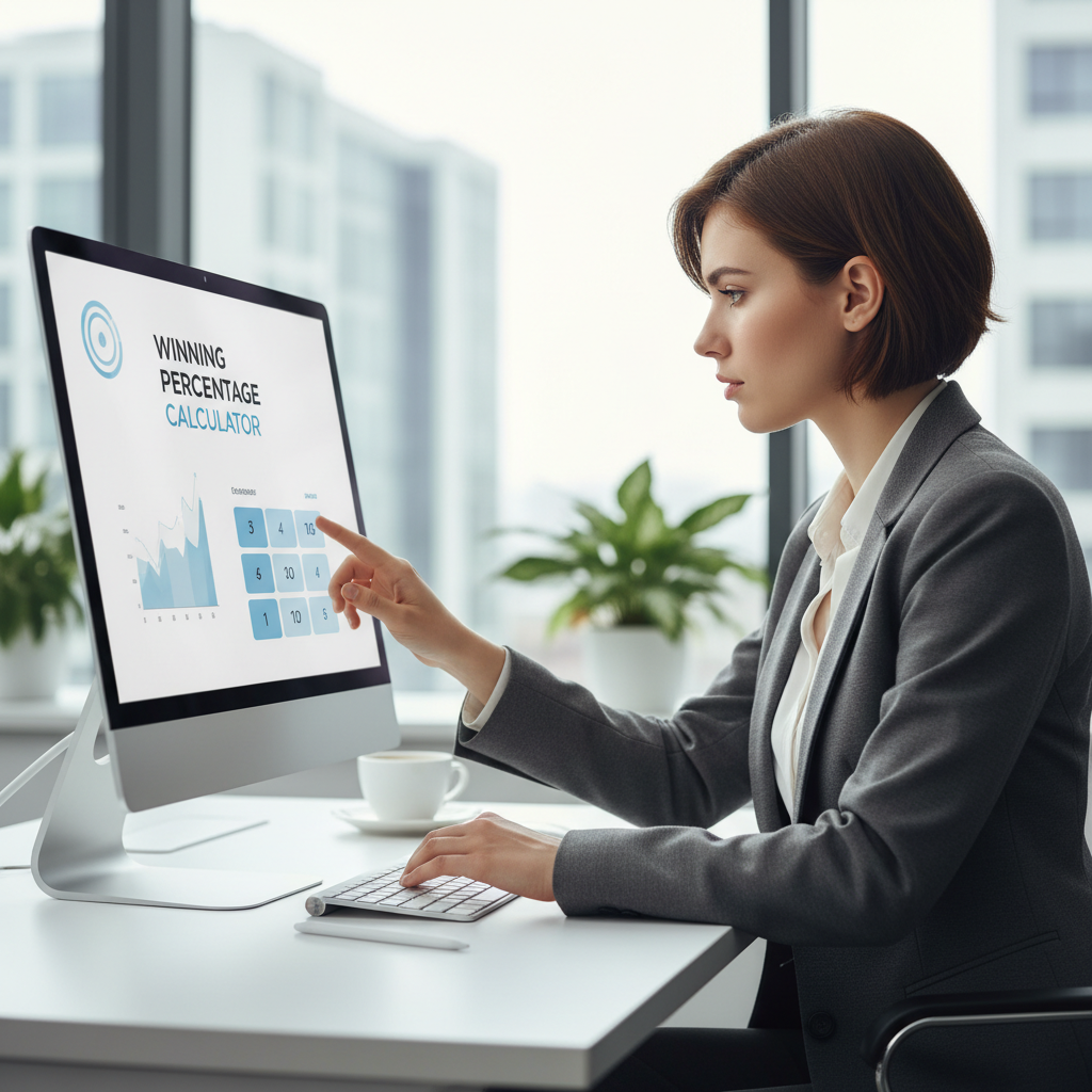 A businesswoman uses a digital win percentage calculator on a computer.