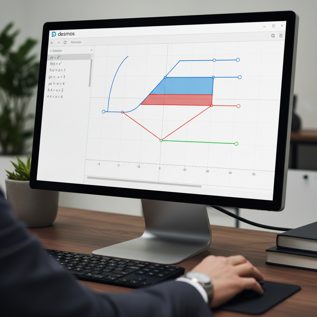 A close-up of a Desmos graphing calculator displaying a piecewise function on a computer screen.