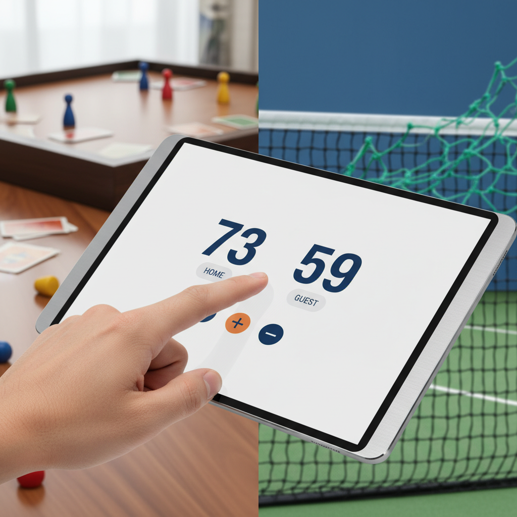 A close-up of a hand tapping on a digital score counter application displayed on a tablet screen, with a blurred background hinting at various game settings.