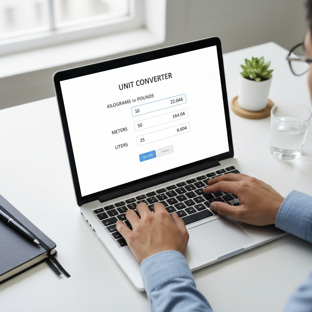 A close-up of a laptop screen displaying an online unit conversion calculator interface, with a person's hands resting near the keyboard in a professional setting.