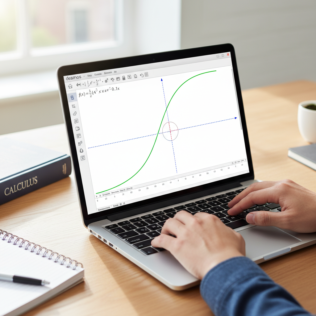 A close-up of hands using a laptop to display and interact with a calculus graph on Desmos in a professional study setting.