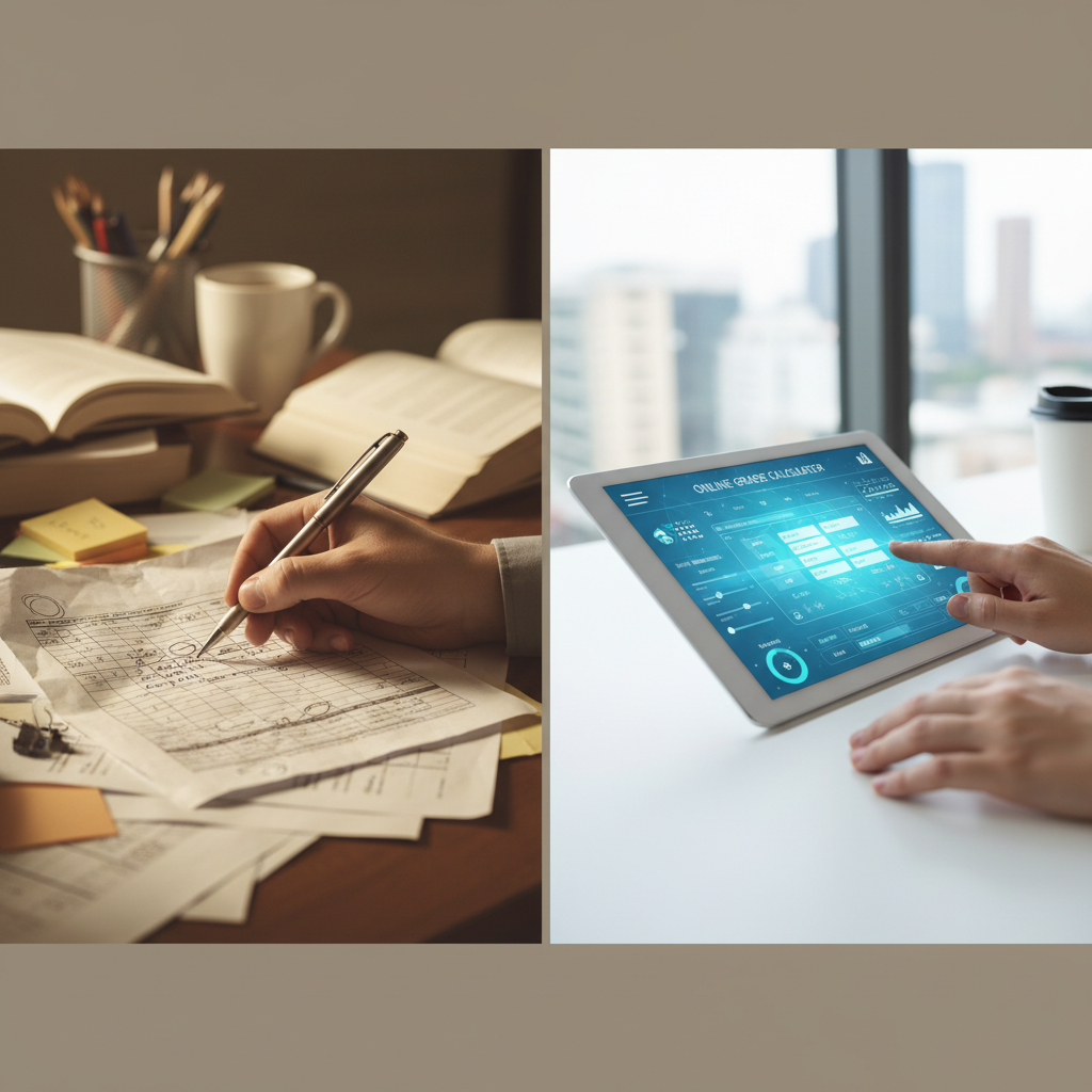A comparison image showing a hand using a pen on a printed grade chart next to a hand using a digital grader calculator on a tablet.