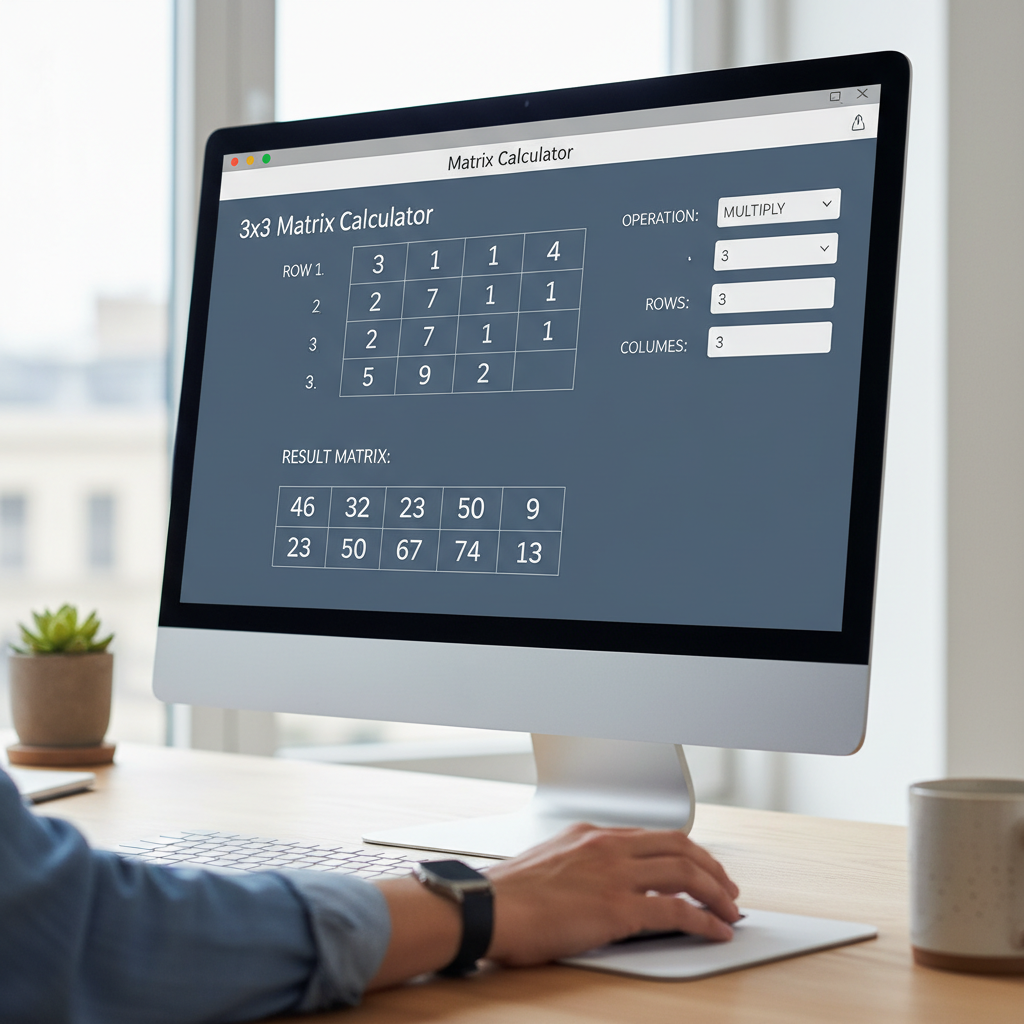 A computer screen displays a 3x3 matrix calculator with example inputs, set in a professional office environment.