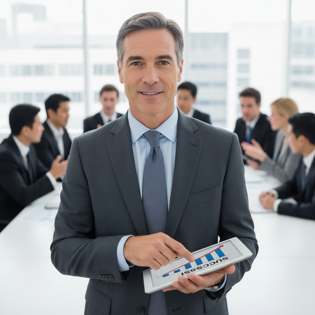 A confident business executive looks satisfied after using a digital tool.