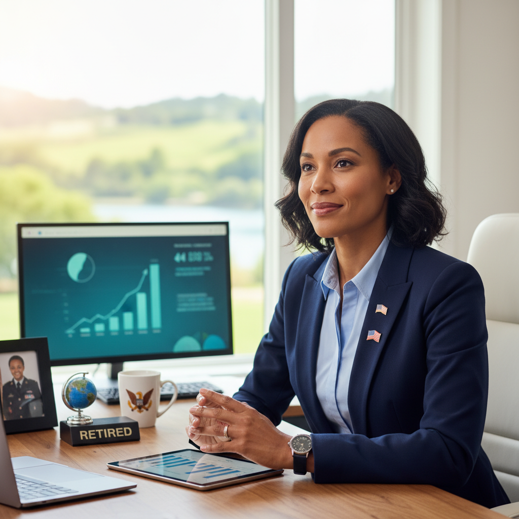 A confident female veteran looking towards a secure financial future.