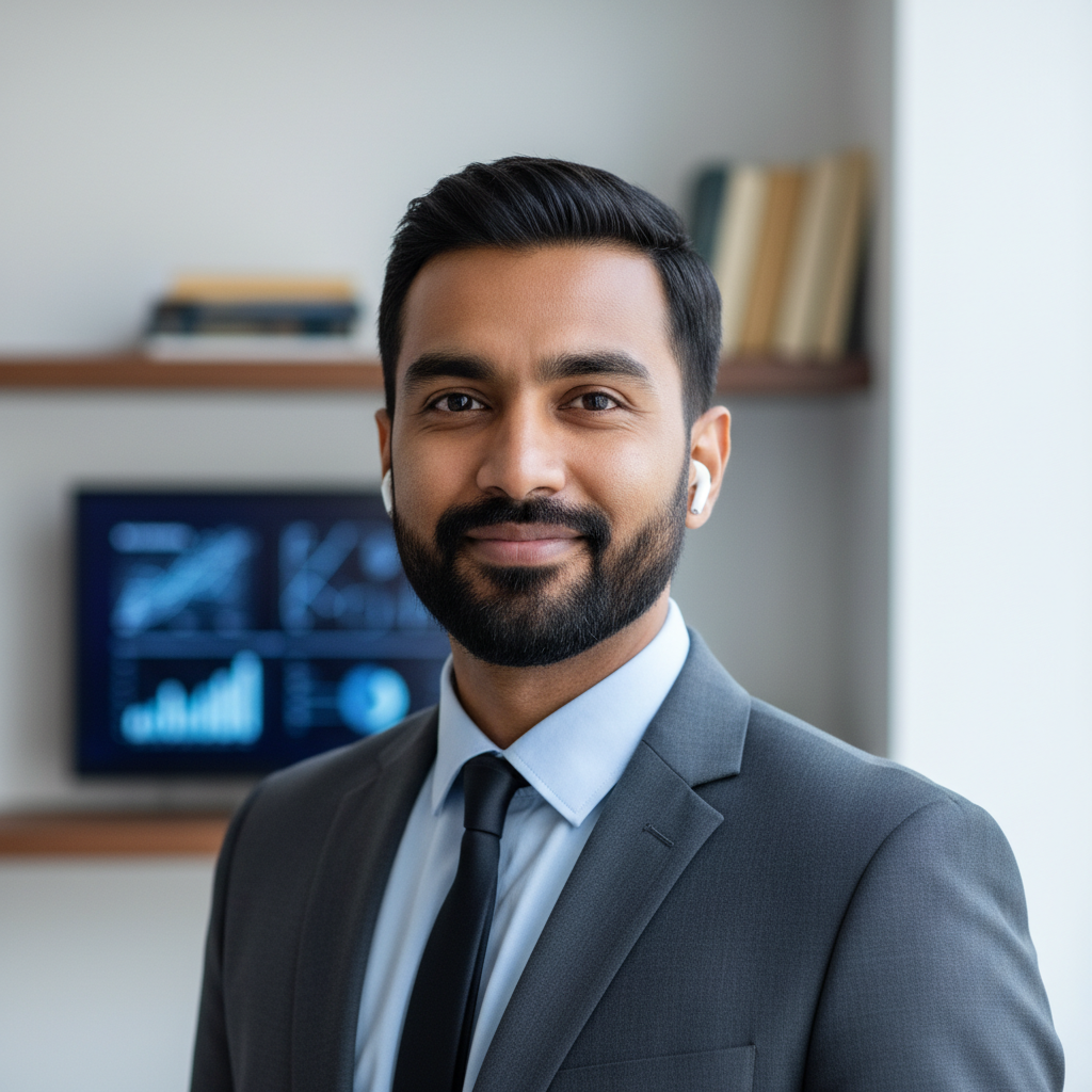 A confident professional man with earbuds smiles, representing progress and achievement.