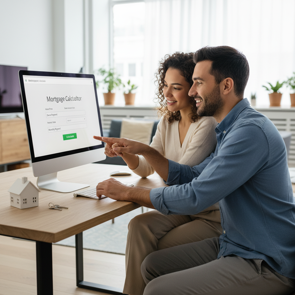 A couple collaboratively using an online mortgage calculator on a desktop computer.