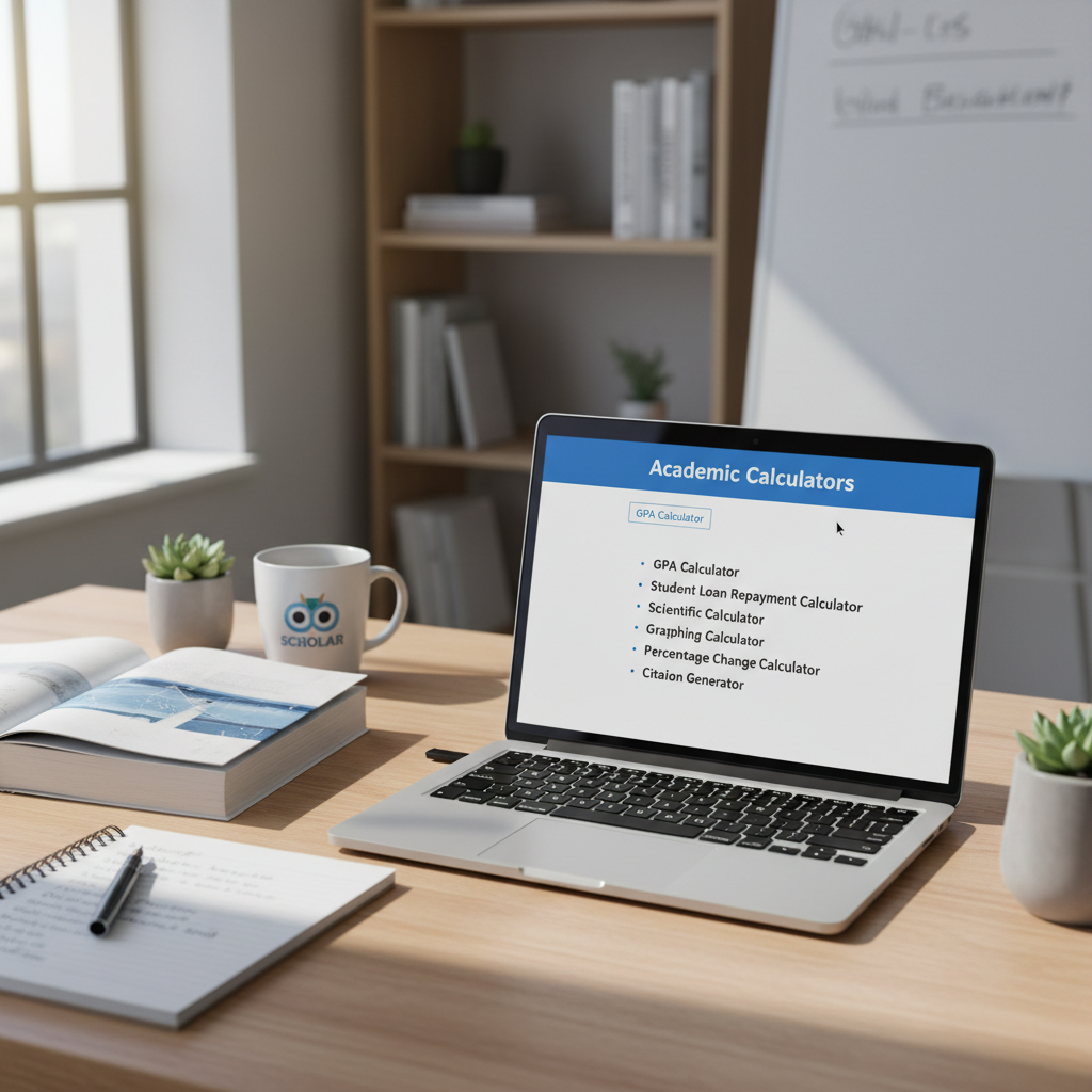 A desk with a laptop displaying a menu of various academic calculators.