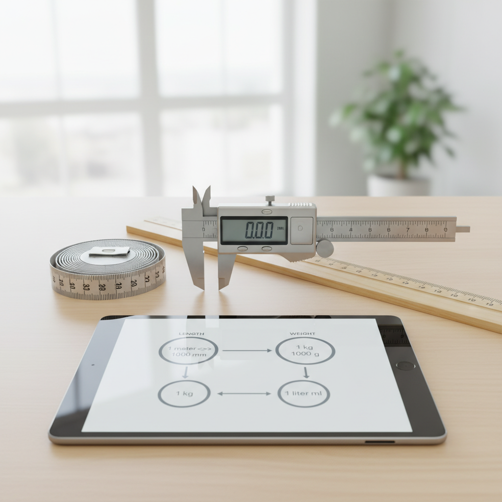 A desk with a measuring tape, ruler, digital caliper, and a tablet displaying unit conversion concepts.