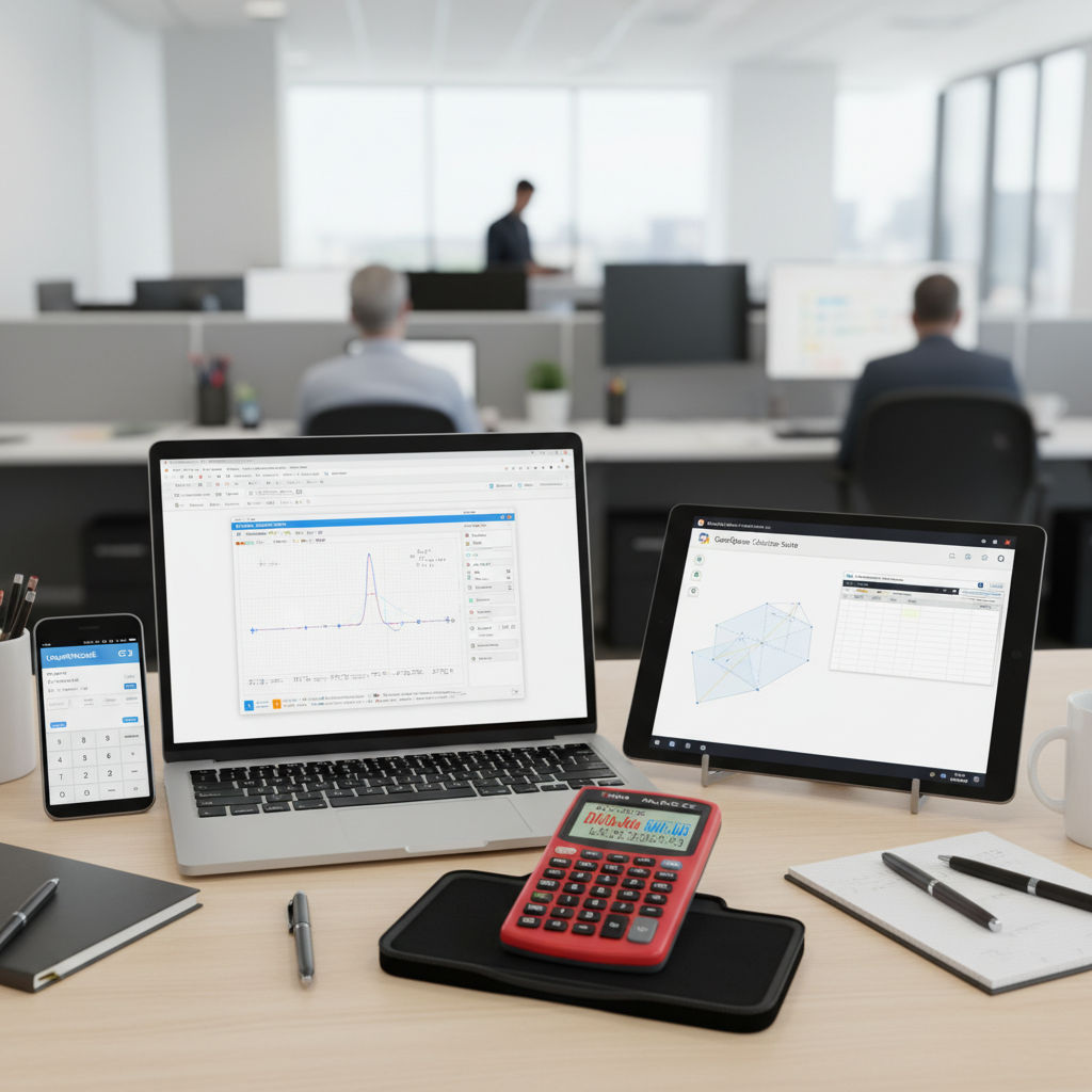 A desk with a physical TI-84 calculator, laptop, tablet, and smartphone, all displaying calculator software, illustrating different access options.