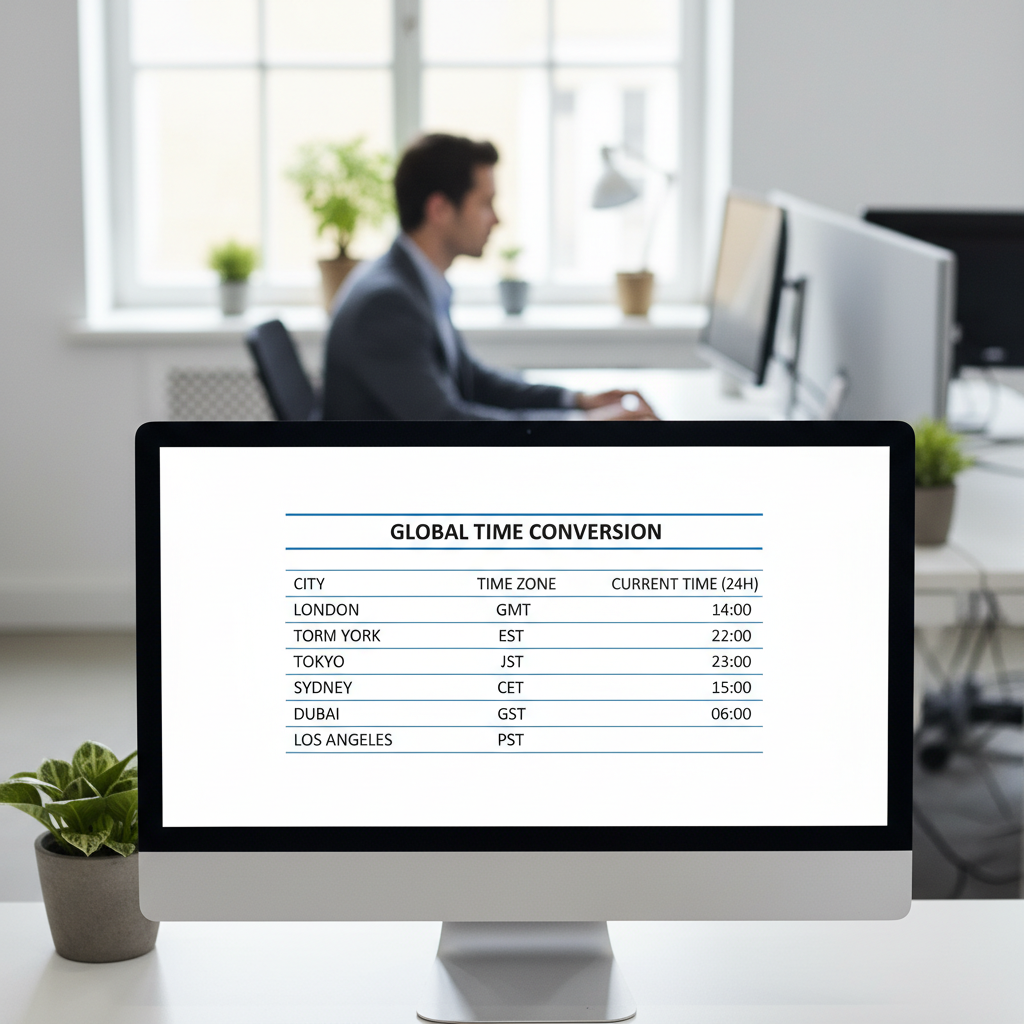 A detailed and clear time zone conversion chart displayed on a modern computer monitor in an office setting.