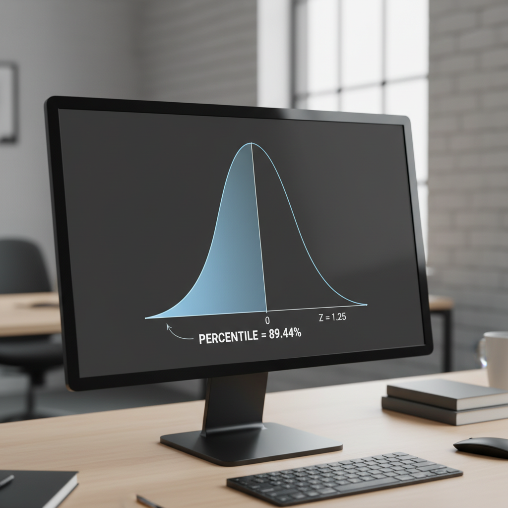A digital graph illustrating a normal distribution curve with a highlighted Z-score and its corresponding calculated percentage.