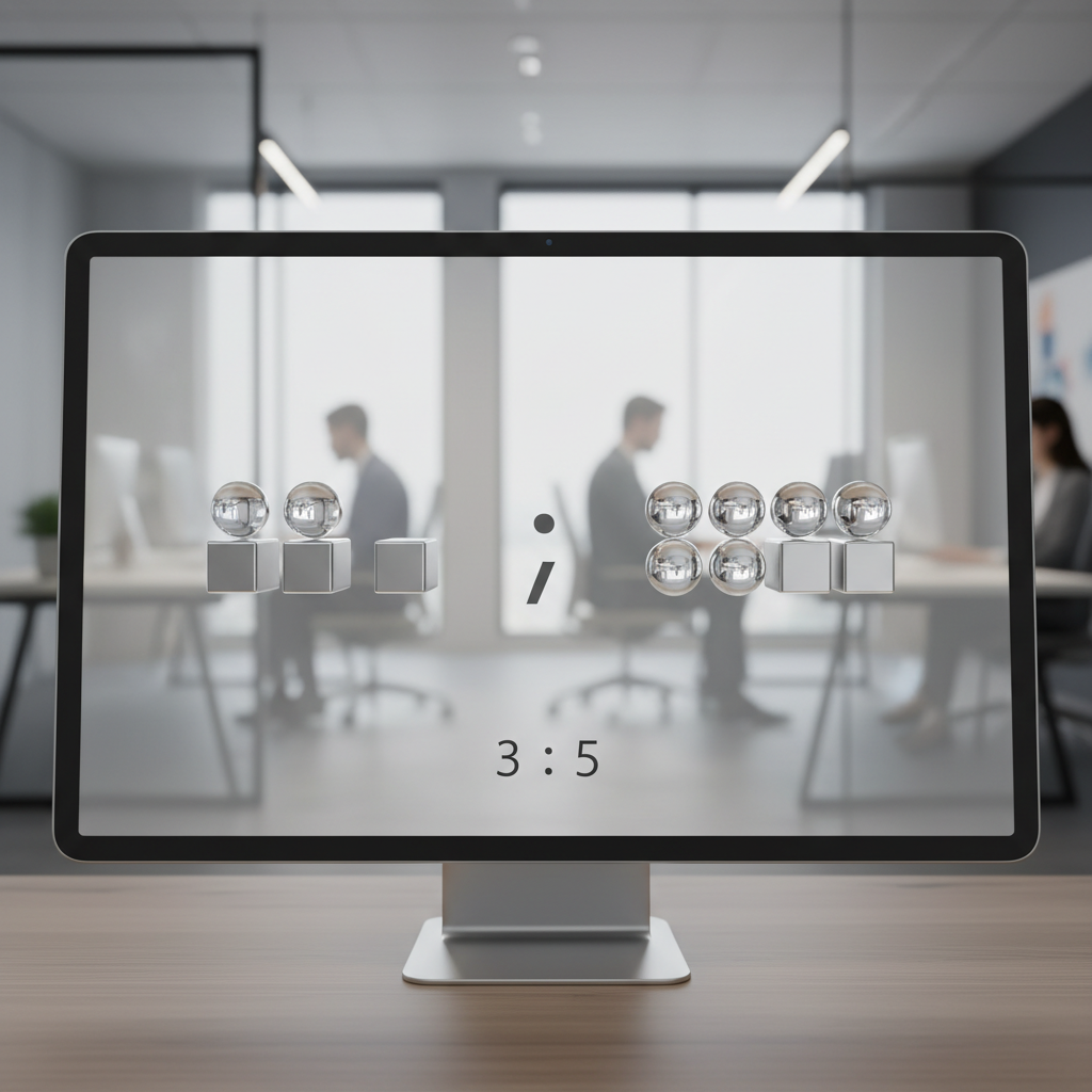 A digital screen displaying a visual representation of a ratio, such as '3:1', with proportional elements.