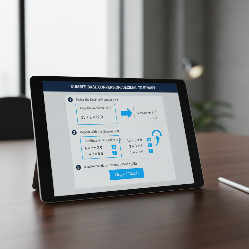 A digital screen displays a step-by-step guide for base conversion.