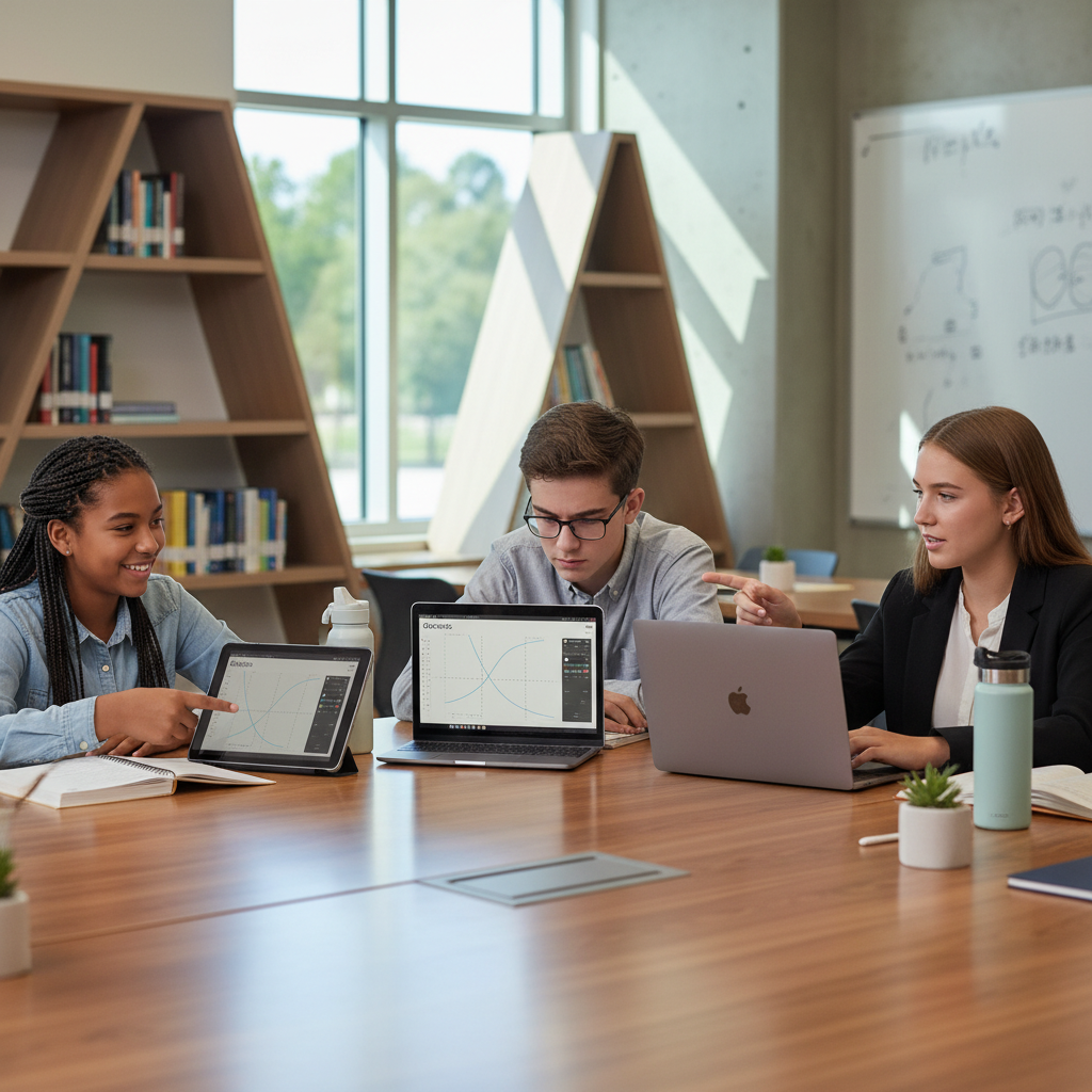 A diverse group of three students, representing different grade levels, collaboratively using the Desmos graphing calculator on tablets and laptops in a modern educational setting.