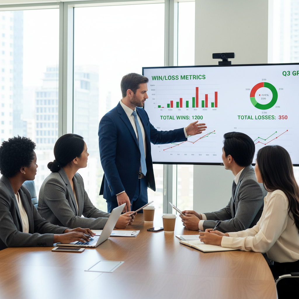 A diverse team of professionals analyzes data on a large screen in a meeting room.