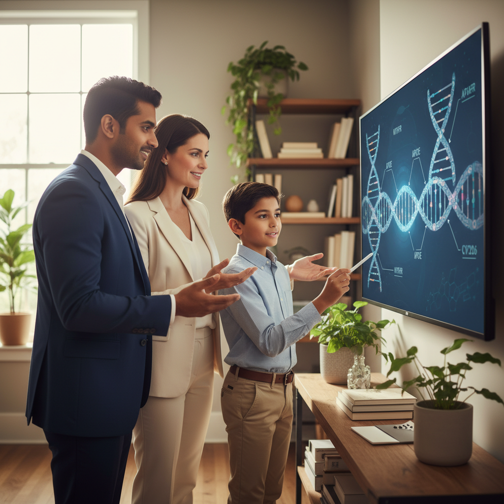 A family, parents and child, looking at a screen depicting genetic factors for height prediction.