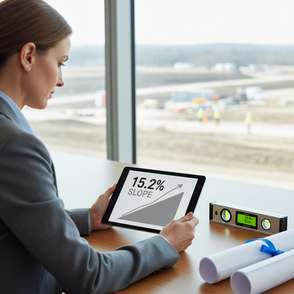 A female civil engineer reviews a slope percentage calculation on a tablet in a professional office setting, with a construction project visible in the background.