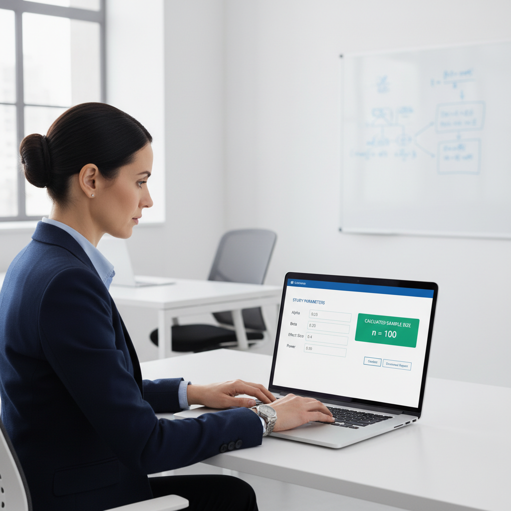 A female data scientist intently using an online sample size calculator on a laptop in a modern office.