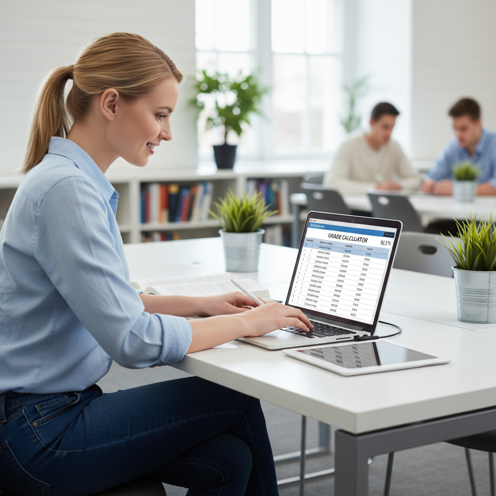 A female student focused on inputting test scores into a digital calculator on a tablet.