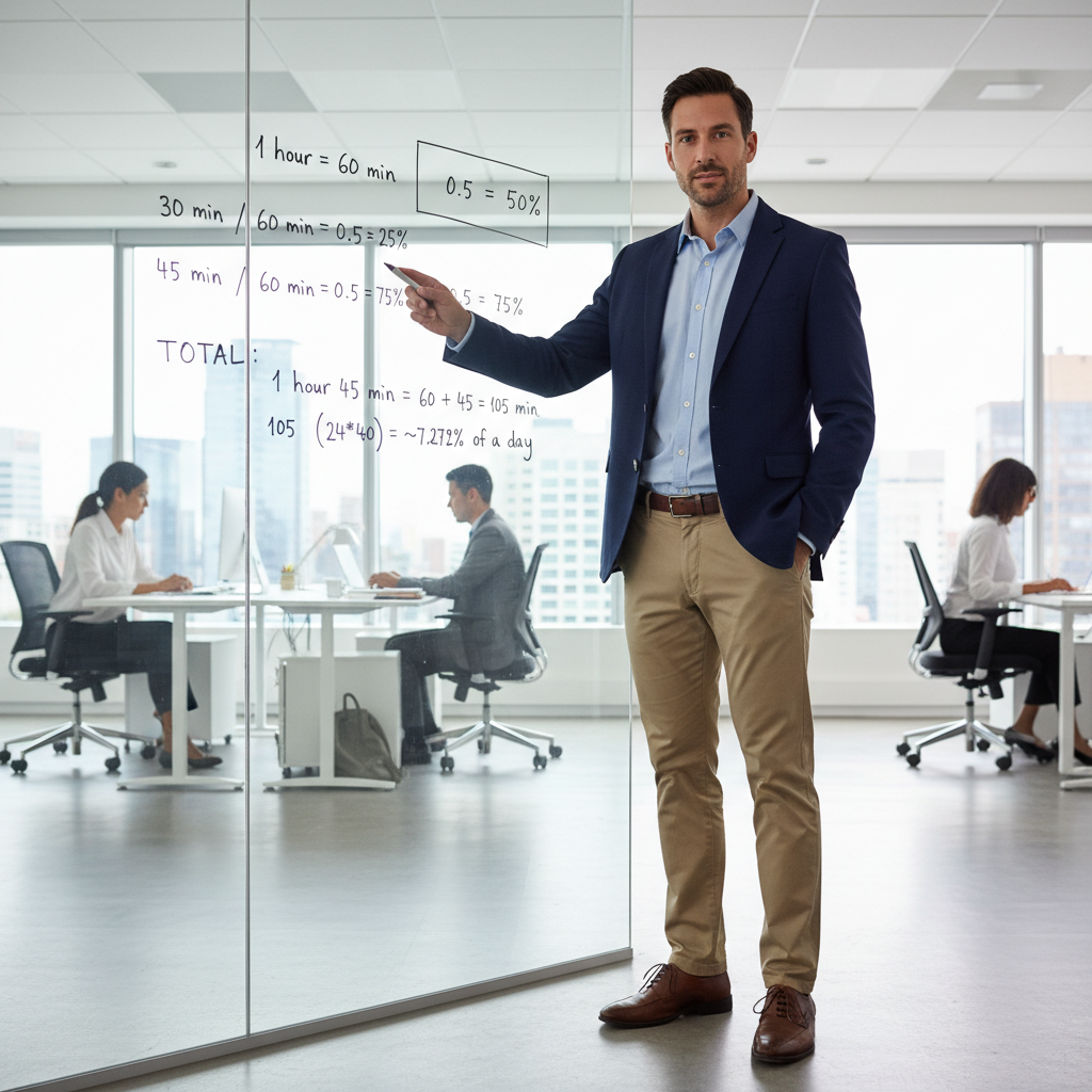 A financial analyst explains time to percentage conversion on a whiteboard.