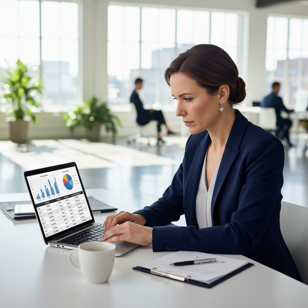 A focused business professional analyzing time-based percentage calculations on a laptop in a modern office.