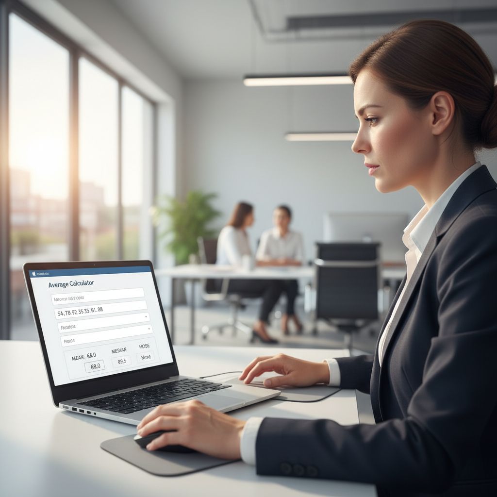A focused business professional using an online average calculator on a laptop in a modern office.