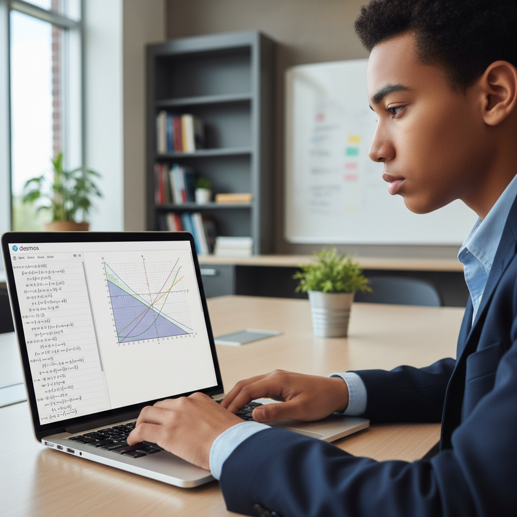 A focused high school student using the Desmos graphing calculator on a laptop, displaying advanced math equations and a graph in a modern classroom.