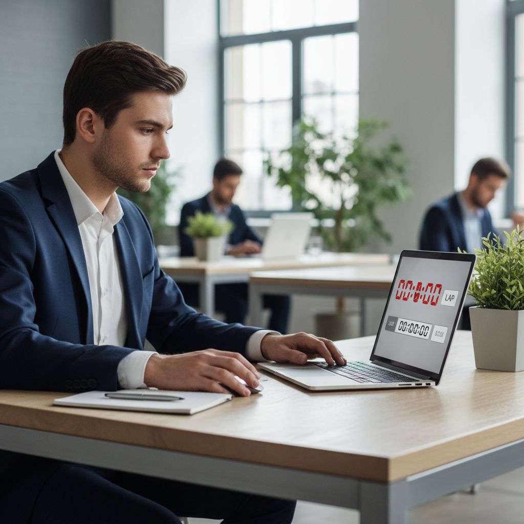 A focused person using an online stopwatch calculator on a laptop, emphasizing productivity and time management in a modern setting.
