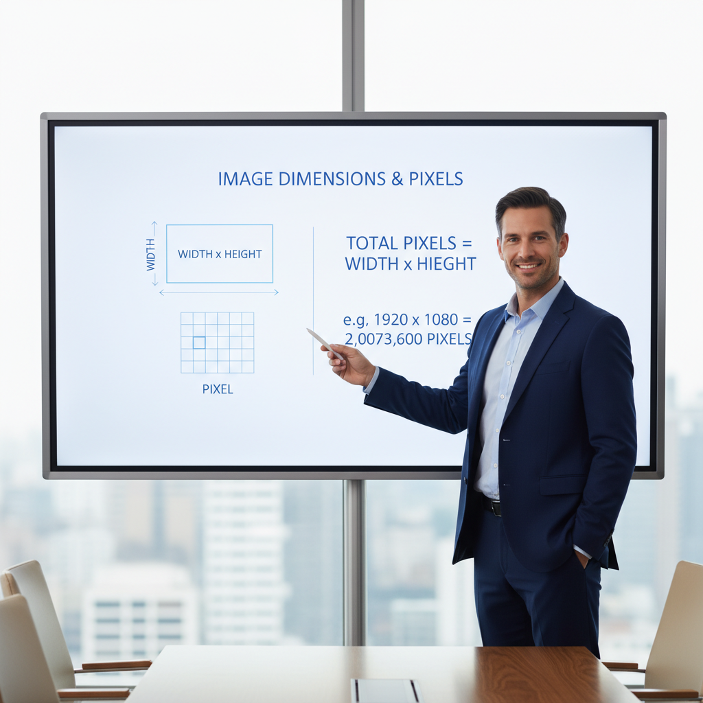 A graphic designer explains image dimensions and pixels on a digital screen.
