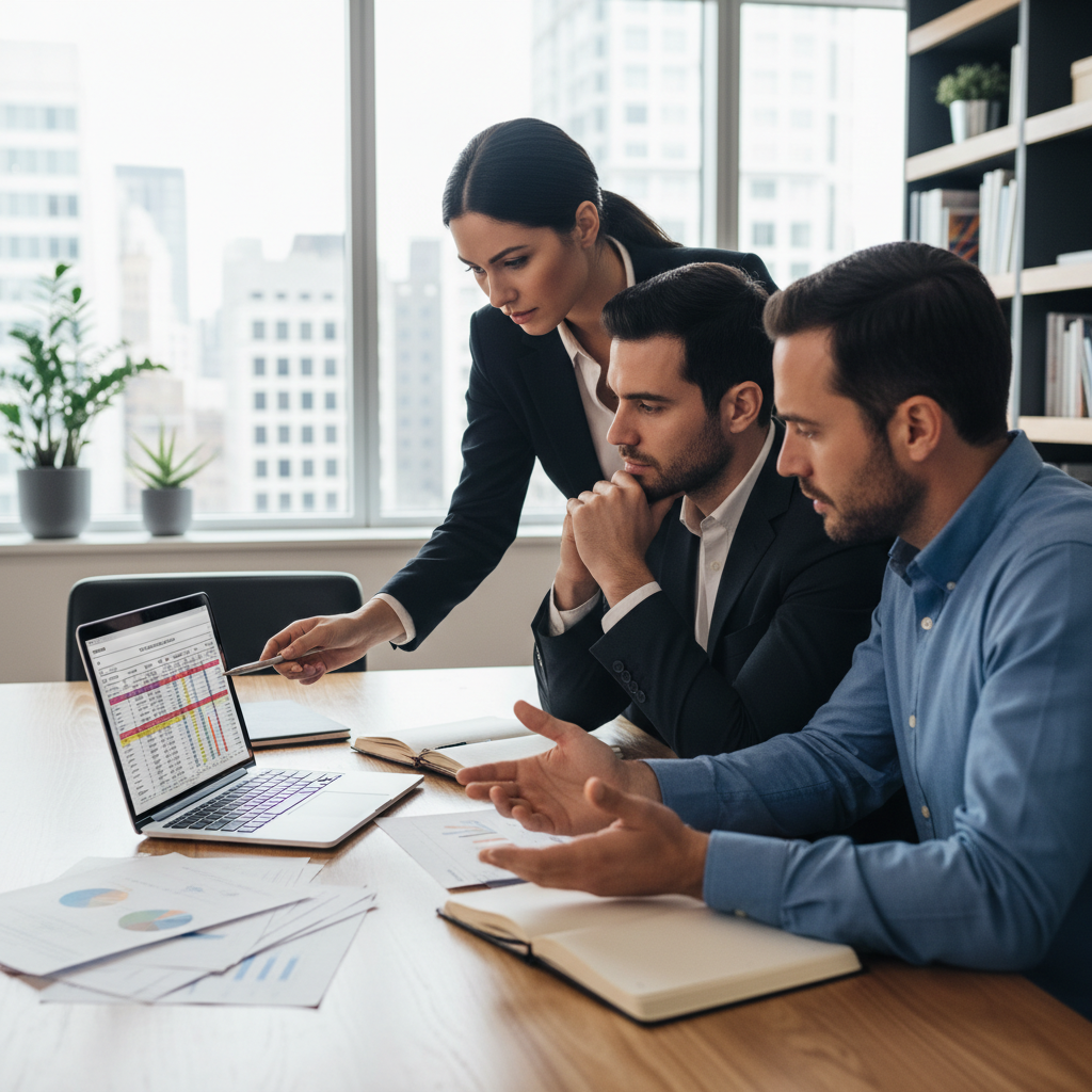 A group of business professionals discussing data around a table in an office.