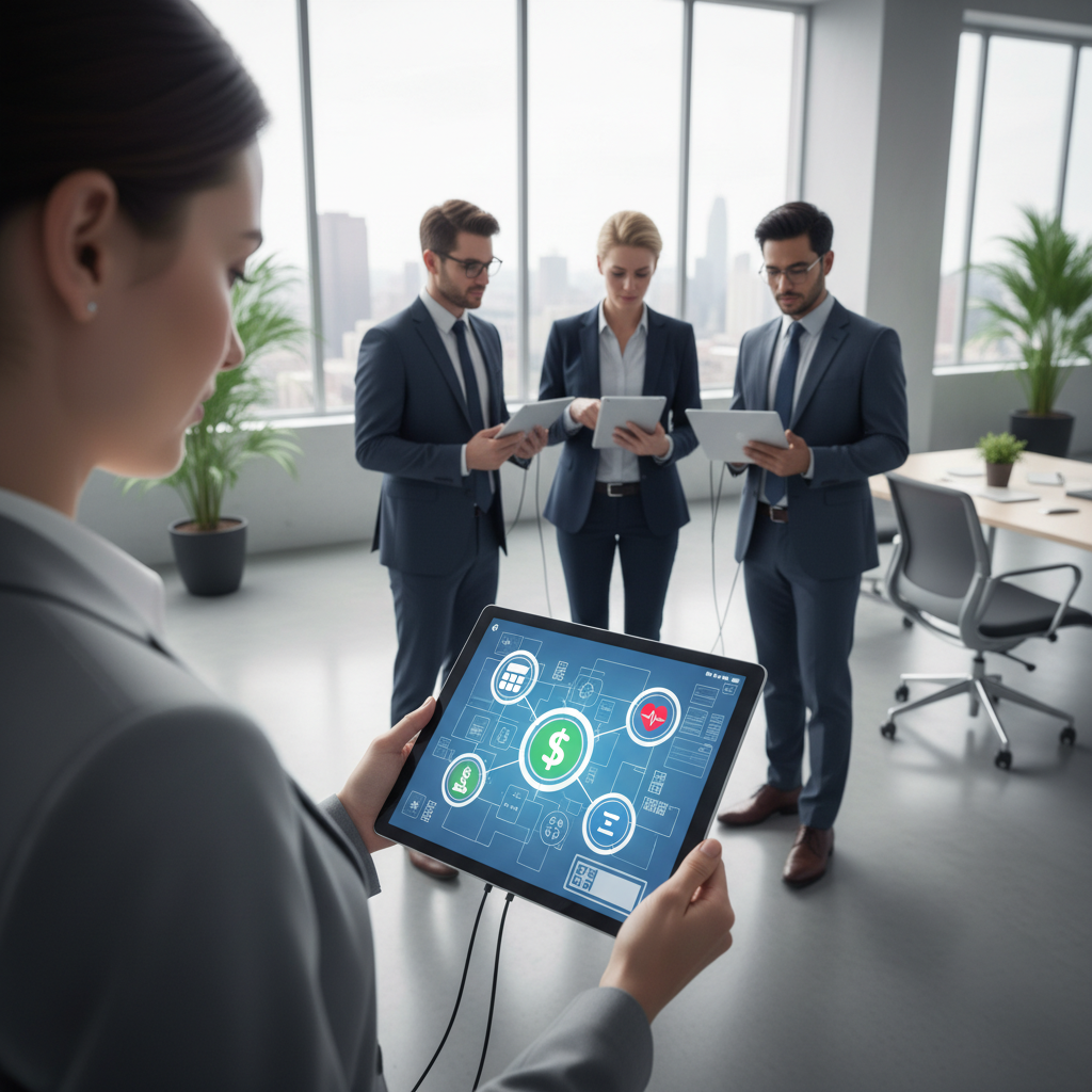 A group of professionals in a modern office interacting with screens displaying a network of online calculators.