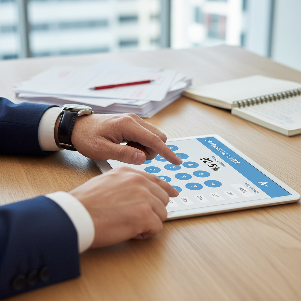 A hand interacting with a digital calculator interface on a tablet, with blurred test papers in a professional setting.
