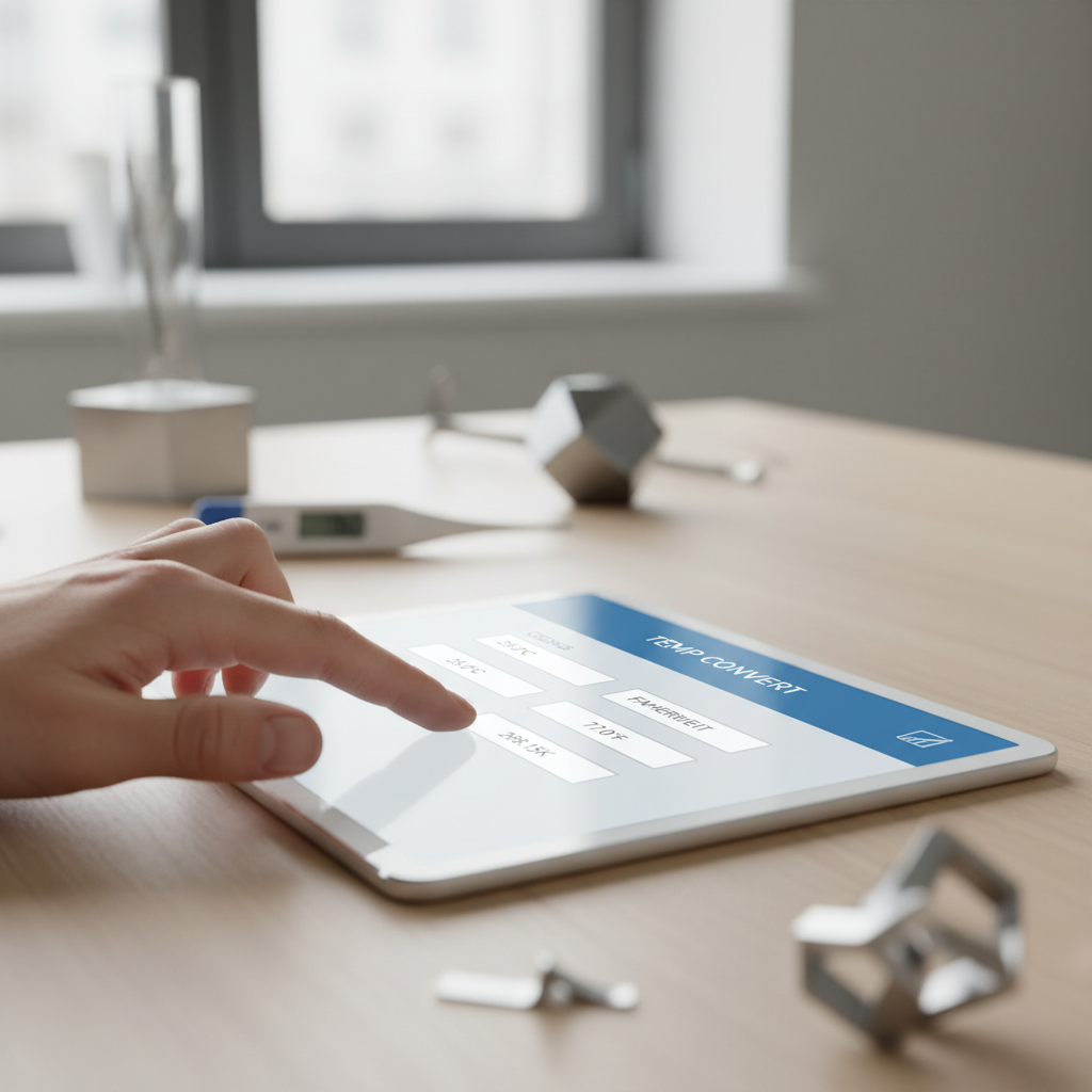 A hand interacting with a digital tablet displaying an online temperature conversion calculator in a modern professional setting.