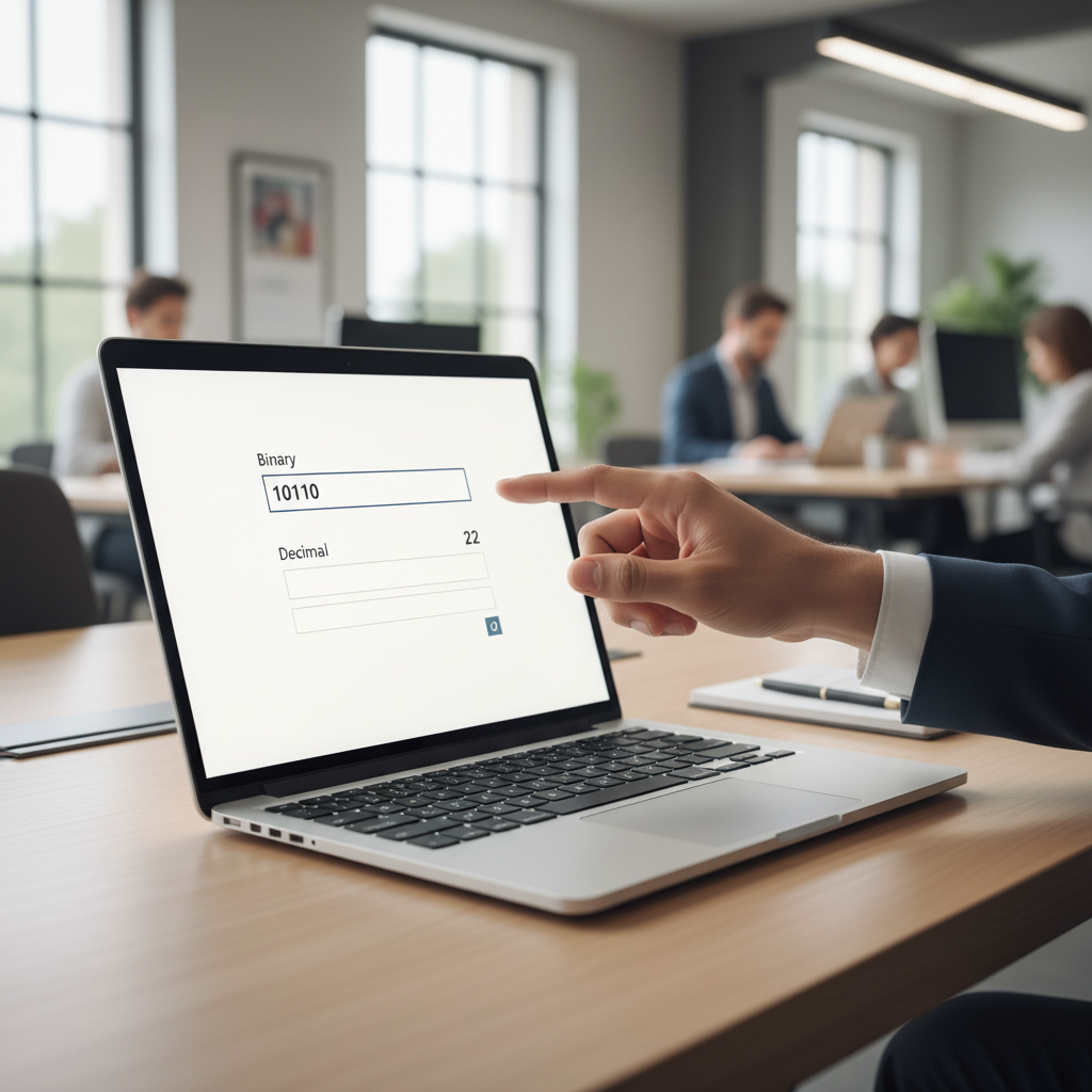 A hand interacts with an online base converter on a laptop screen.